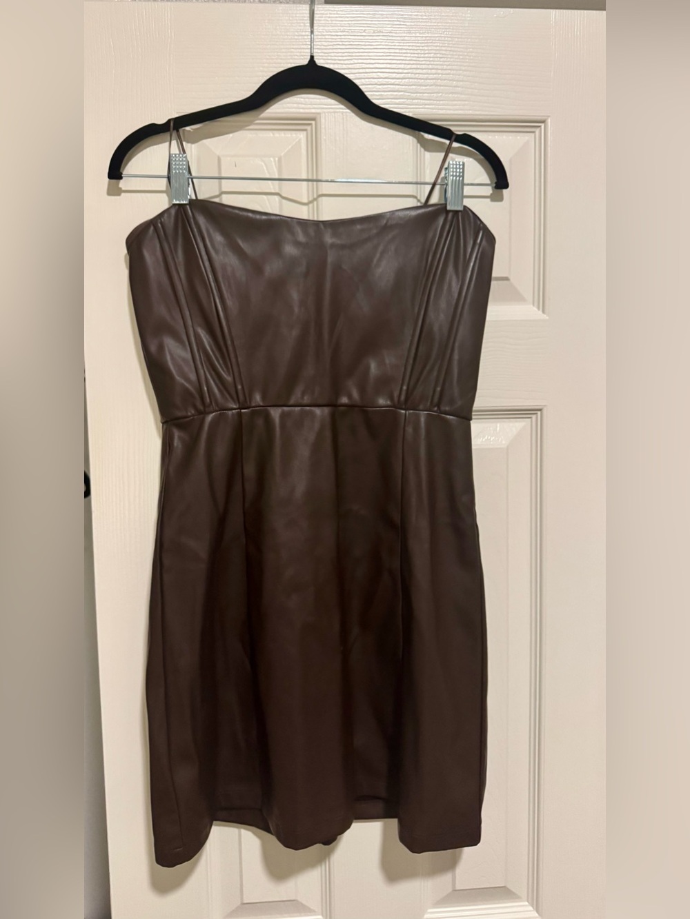 ASTR Strapless Faux Leather Dress in Brown